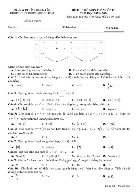 Đề thi thử TN THPT 2024 môn Toán trường THPT Dương Quảng Hàm – Hưng Yên